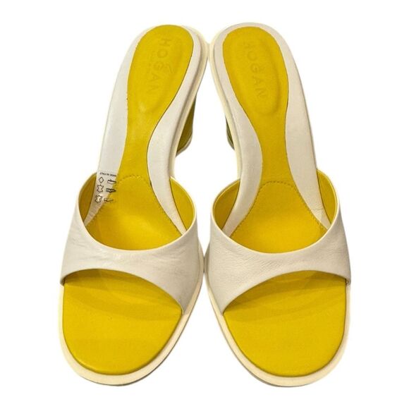 NEW HOGAN Women's Wedge Slipper Slide Leather Yellow White Sandals 39 9 - Picture 4 of 8